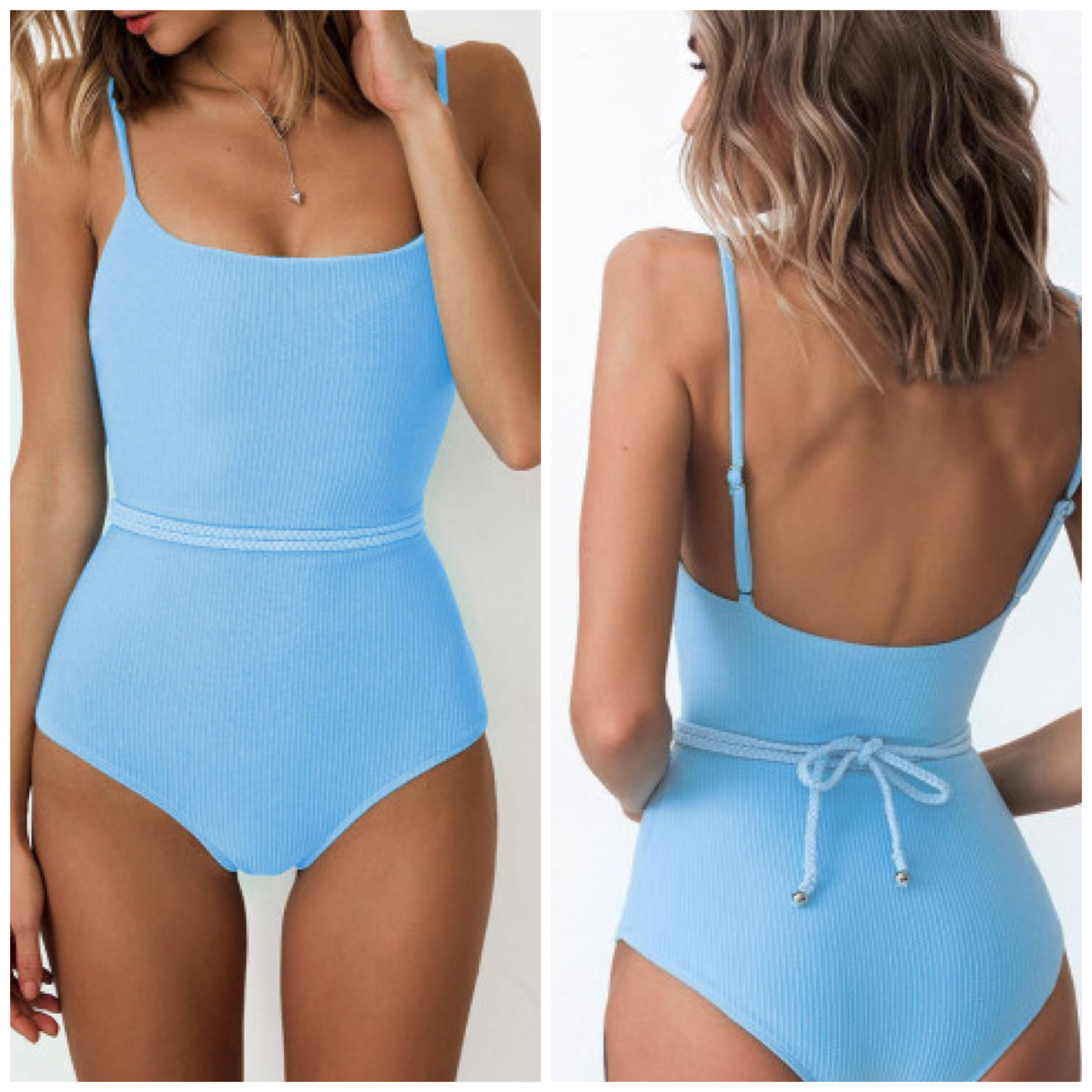 Light Blue One Piece Ribbed Rope Tie Swimsuit