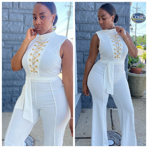 “Elegance” White Belted Gold Chain Jumpsuit
