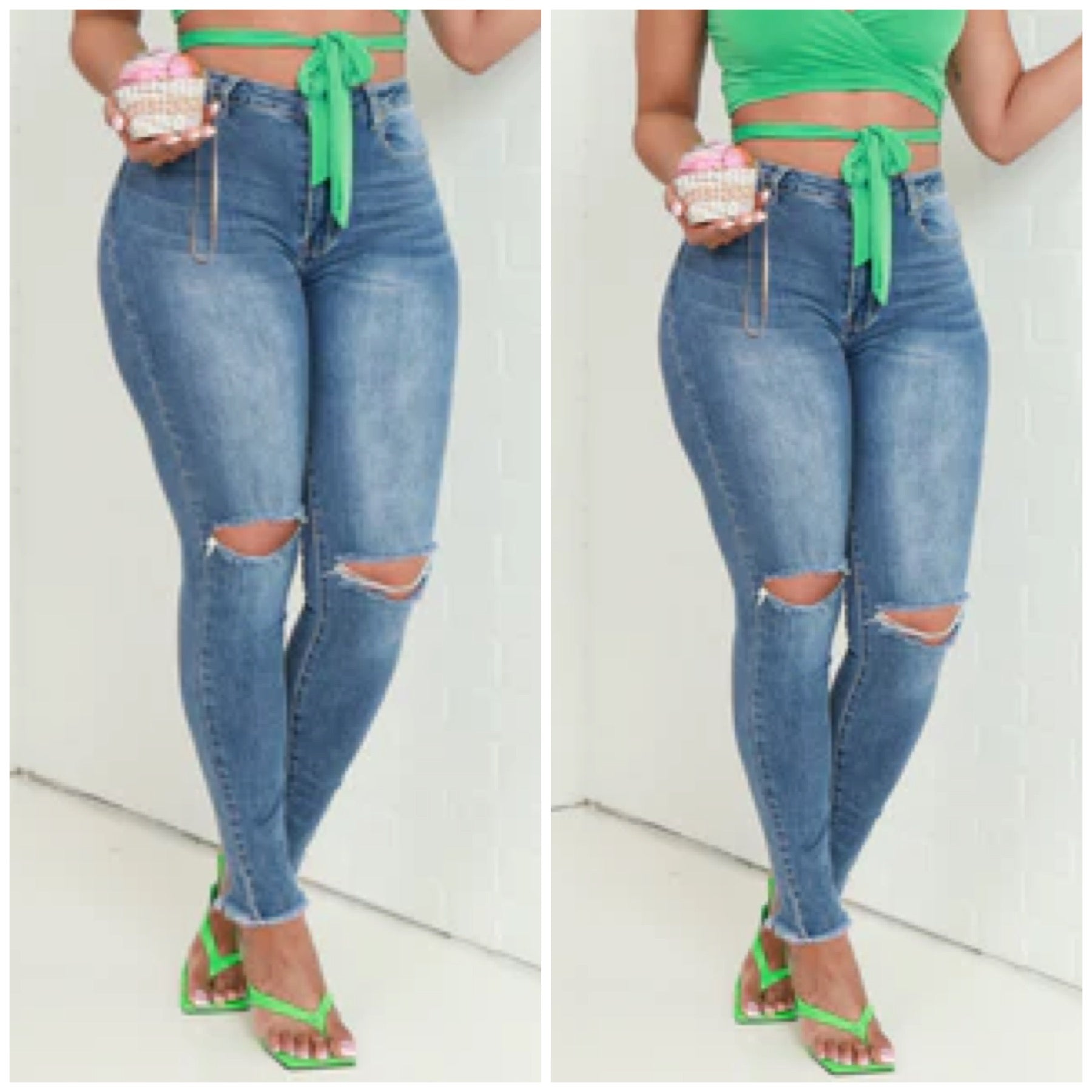 “Frayed” High Waist Stretch Light Wash Denim Jeans