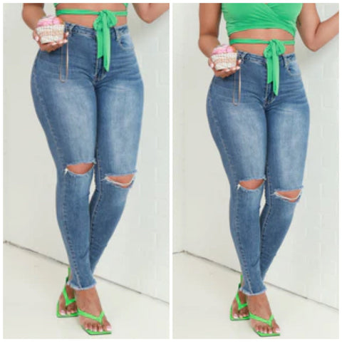 “Frayed” High Waist Stretch Light Wash Denim Jeans