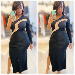 “Maxine” Asymmetrical Mesh Insert Black Maci Dress