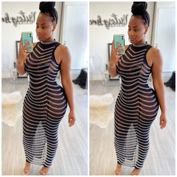 “Simply Class” Studded Rhinestone Mesh Maxi Dress