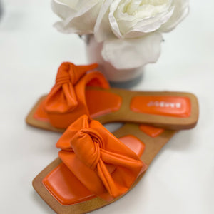 Orange Bow Faux Leather Sandals Cushion Slides