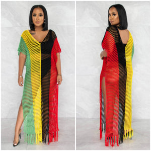 “Jamaican Me Please” Crochet Fishnet Split Maxi Coverup Dress