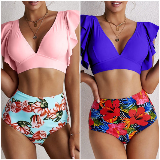 “Tropical Kiss” Ruffle 2 Piece High Waist Bikini Swimsuit