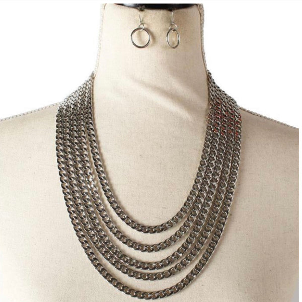 Multi Layer Metal Link Necklace Set with Earrings
