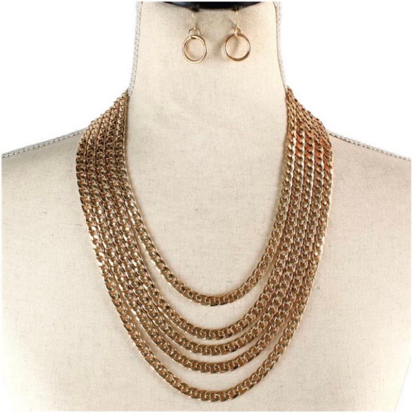 Metal Multi Link Gold Plated Necklace & Hoop Earring Set