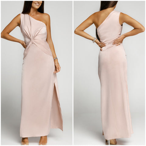 “Blushing” Blush Pink Twisted Asymmetrical Maxi Gown Dress